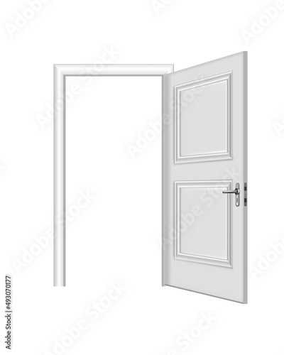 Fototapeta Naklejka Na Ścianę i Meble -  Opened white entrance. Realistic door with frame isolated on white background. Clean design white door template. Decorative house element