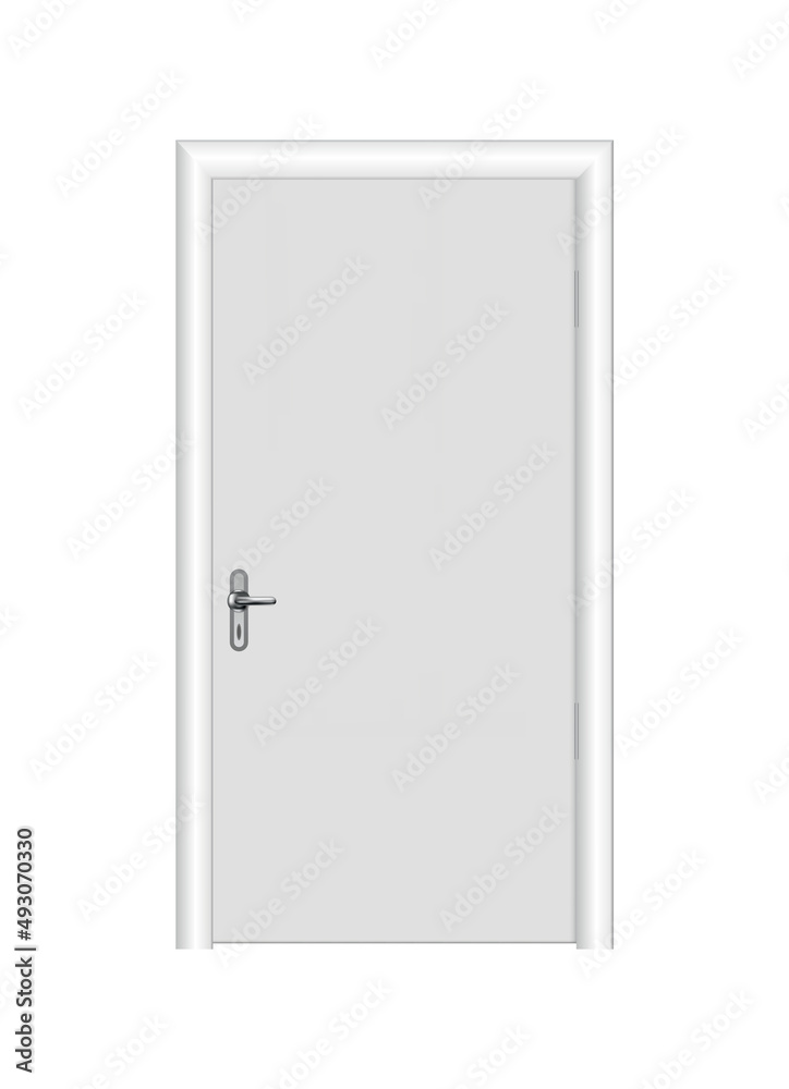 Closed white entrance. Realistic door with frame isolated on white background. Clean design white door template. Decorative house element