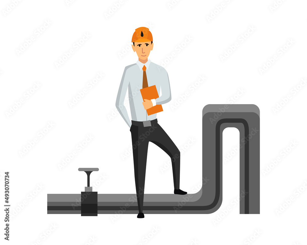 Oil petroleum industry. Engineer or oilman in professional work process isolated. Control extraction or transportation oil and petrol on flat cartoon icon. Isolated illustration Oil petroleum industry. Engineer or oilman in professional work process isolated. Control extraction or transportation oil and petrol on flat cartoon icon. Isolated illustration
