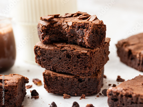 chocolate brownies on white wooden background, homemade bakery and dessert