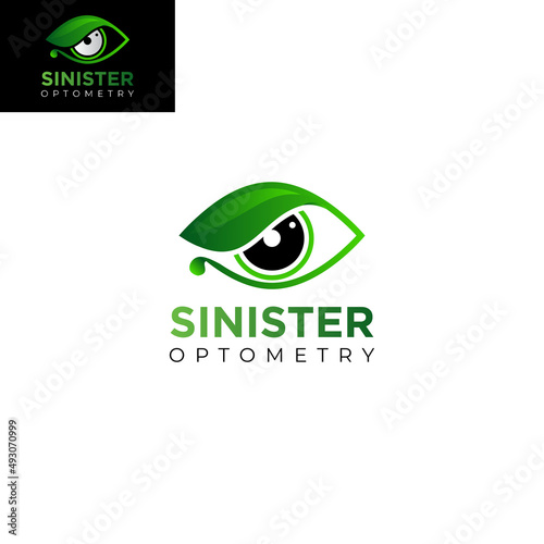 sinister optometry logo, eyeball with leaf eyelid vector