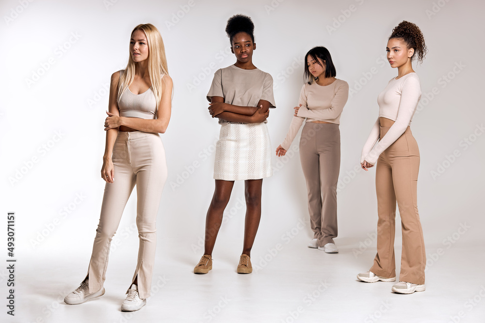 Obraz premium Pretty Women Models Stand Apart From Each Other, Posing At Camera. Portrait of Beautiful Multiracial Young Women With Different Skin. Black american, asian and caucasian Ladies In Casual, Isolated