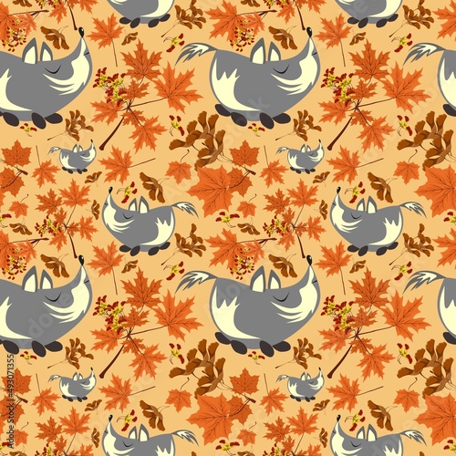 Autumn forest pattern with cute wolves and maple tree leaves . Seamless pattern for fabric, paper and other printing and web projects.