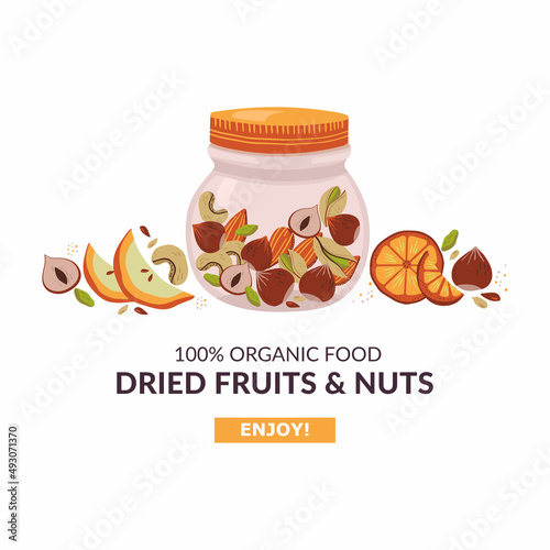 Hand drawn dried fruits and nuts design Organic ingredients for healthy lunch. Vector illustration on white background
