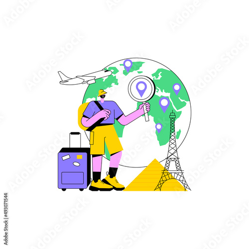 Traveling the world abstract concept vector illustration. Worldwide adventure, holiday trip, hitchhiking, travel blog, luggage bag, foreign country, plane departure, destination abstract metaphor.