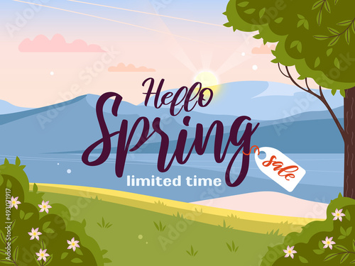 Banner spring sale. Beautiful evening landscape. The yacht floats on the lake, river. Mountains and water. Sunset sky. Flowering bushes. Vector illustration for background, website, posters, flyers