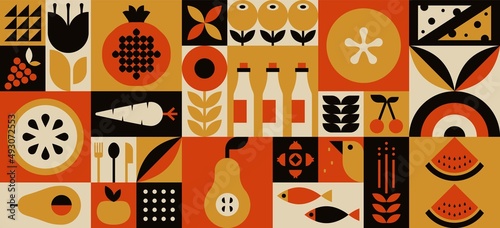 Organic food geometric mosaic background. Natural fruit vegetable pattern simple swiss bauhaus style. Vector illustration