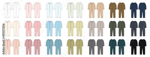 Set of onesie with a long sleeves. Infant romper collection. Baby body wear mock up. Children bodysuit Technical sketch