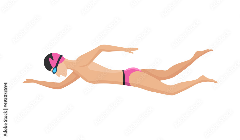 Swimmer character of swimming men in swimsuit, hat and glasses. People in action pose or engaged water sport. Colorful illustration in cartoon style isolated on white background Swimmer character of swimming men in swimsuit, hat and glasses. People in action pose or engaged water sport. Colorful illustration in cartoon style isolated on white background