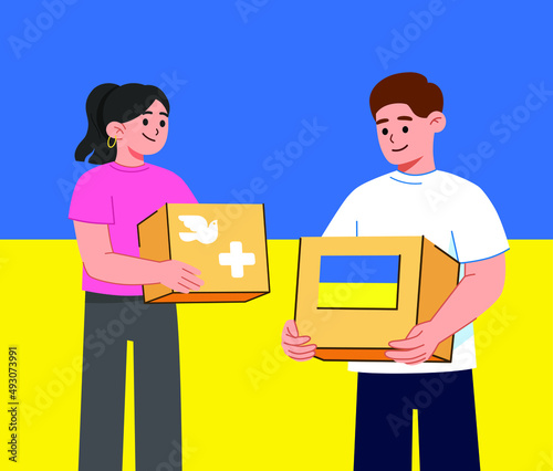 Humanitarian aid for Ukrainian refugees. Voluntary organization giving cardboard boxes with donations . flat characters on white background. support for Ukraine. No war.