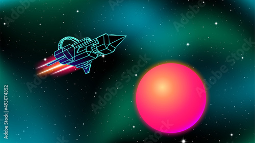 Space ship near the red sun retro sci-fi illustration. 80s styled universe with nebula and arcade wireframe spacecraft