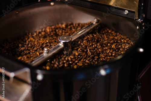 Freshly roasted coffee beans in a coffee grinder. Coffee preparation process