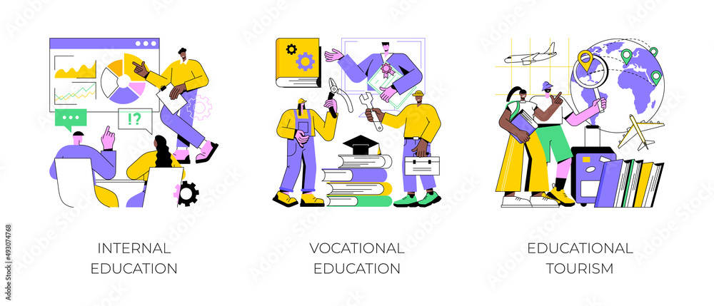 Professional learning abstract concept vector illustration set. Internal and vocational education, educational tourism, business coach, student group, education abroad, vacation abstract metaphor. Professional learning abstract concept vector illustration set. Internal and vocational education, educational tourism, business coach, student group, education abroad, vacation abstract metaphor.