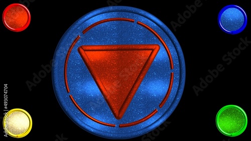 Sfondo nero con cerchi colorati e un triangolo rosso al centro  photo