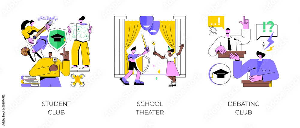 After-school activity abstract concept vector illustration set. Student club, school theater, debating competition, public speaking, drama class, college campus event, communication abstract metaphor.