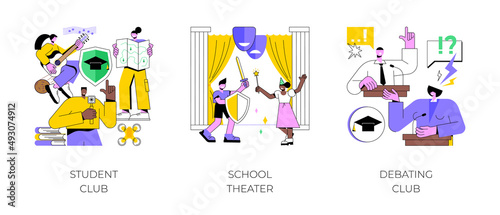 After-school activity abstract concept vector illustration set. Student club, school theater, debating competition, public speaking, drama class, college campus event, communication abstract metaphor. © Vector Juice