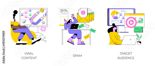 Social media marketing strategy abstract concept vector illustration set. Viral content, spam, target audience, internet meme, mail filter, web security, sharing post, campaign abstract metaphor.