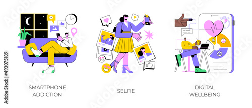 Digital culture abstract concept vector illustration set. Smartphone addiction, selfie, digital wellbeing, phone checking, social network, digital camera, stress management abstract metaphor.