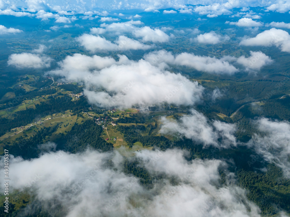 Fototapeta premium High flight in the mountains of the Ukrainian Carpathians. Aerial drone view.