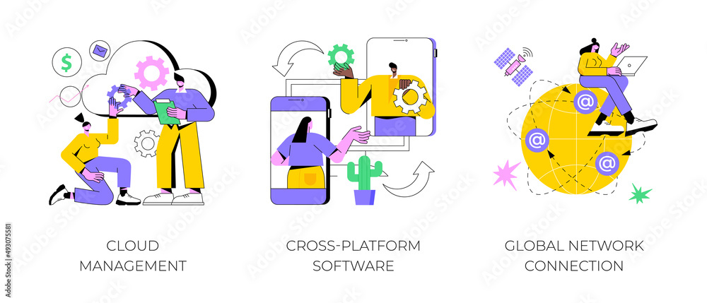 Global communication abstract concept vector illustration set. Cloud management, cross-platform software, global network connection, data storage, application development, computing abstract metaphor. Global communication abstract concept vector illustration set. Cloud management, cross-platform software, global network connection, data storage, application development, computing abstract metaphor.