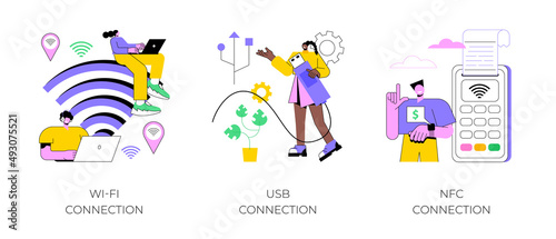 Device connectivity abstract concept vector illustration set. Wi-fi, USB and NFC connection, network access, cable data transfer, hard drive, USB port, contactless card payment abstract metaphor.