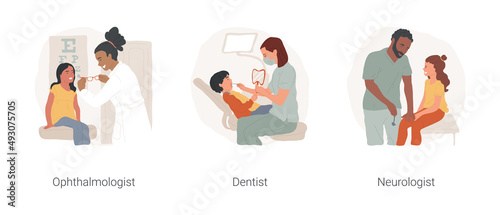 Visit specialist isolated cartoon vector illustration set. Pediatric ophthalmologist, eye specialist, kid in dentists chair, denta examination, child neurologist knocking knee vector cartoon.