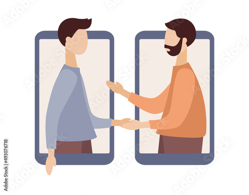 Two businessmen talking through smartphone screens and shaking hands. Two business partners handshaking. Business meeting, video communication and video call app concept. Vector flat illustration