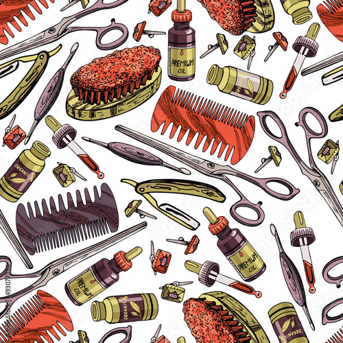 set of elements for barbershop, seamless pattern a set of colorful elements for the barbershop, drawing by hands, scissors, brush, nail file, zapanki, bytylochka, oil, pipette, seamless pattern, backg