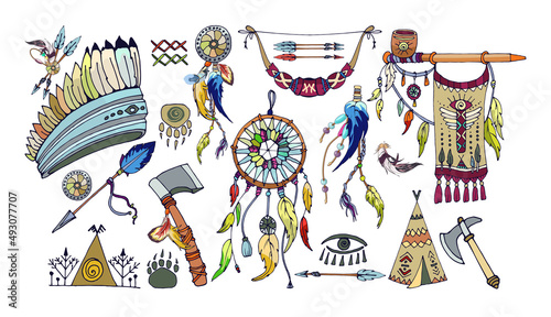 set of elements of an idnian tribe feathers, bow, wigwam, arrows, peace pipe, flag, coat of arms, symbol, indians, Aztecs, tribe, attributes, symbol, beast footprint, smoking pipe, set of colorful ele