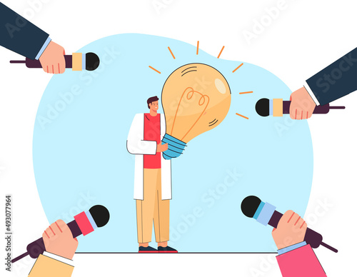 Press conference of scientist holding light bulb. Tiny man surrounded by hands holding microphones flat vector illustration. Science, news concept for banner, website design or landing web page