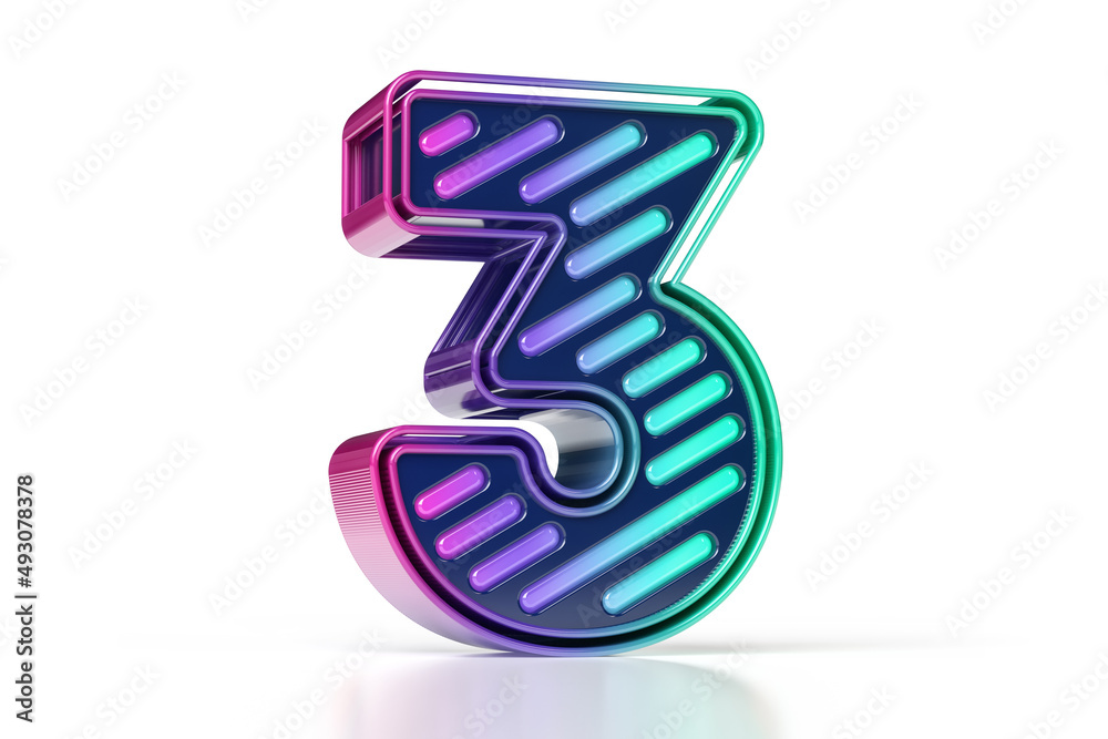Colorful cyberspace font. Flashy number 3 in magenta to green gradient isolated on white background. High quality 3D rendering. Colorful cyberspace font. Flashy number 3 in magenta to green gradient isolated on white background. High quality 3D rendering.