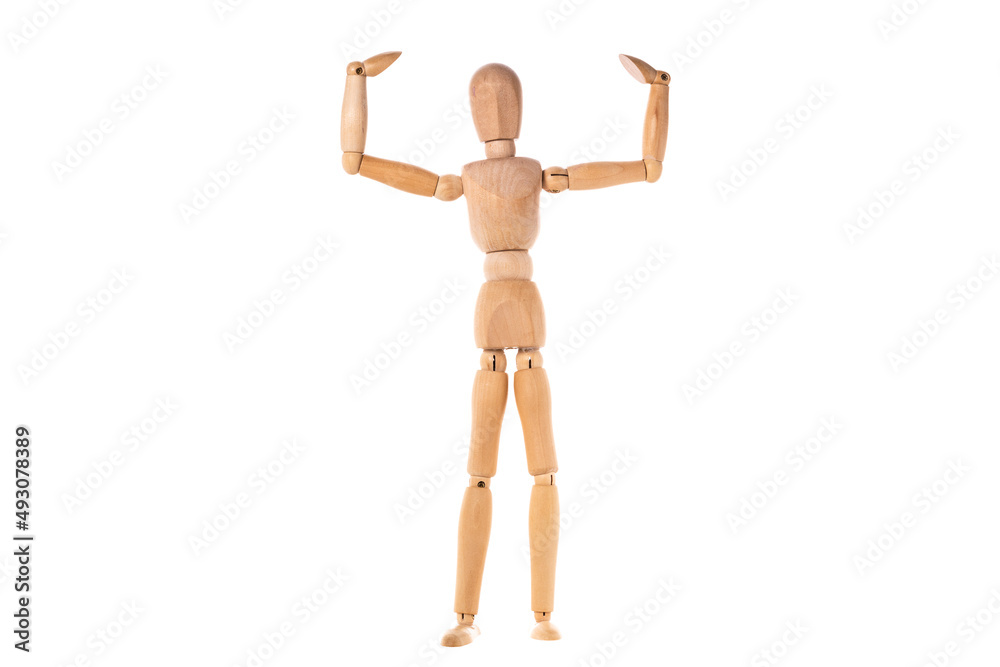 a wooden man stands with his arms raised to the sides isolated on a white background a wooden man stands with his arms raised to the sides isolated on a white background