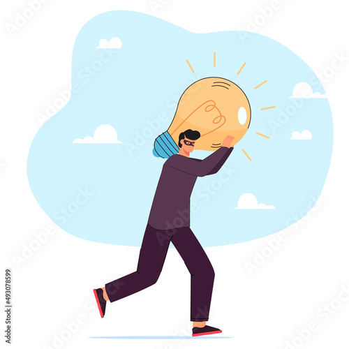 Thief stealing creative idea or product. Tiny man carrying bright light bulb flat vector illustration. Intellectual property, plagiarism concept for banner, website design or landing web page