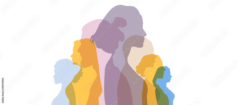 Silhouette group of multiethnic women and man who talk and share ideas and information. Communication and friendship women or girls of diverse cultures. Women social network community. Speak. Ukraine 