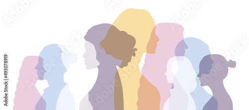 Silhouette group of multiethnic women and man who talk and share ideas and information. Communication and friendship women or girls of diverse cultures. Women social network community. Speak. Ukraine 
