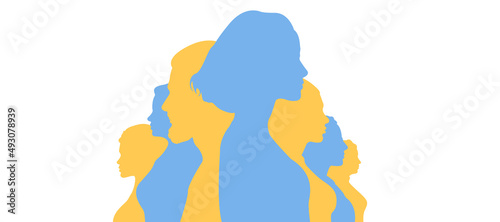 Silhouette group of Ukrainian women and man who talk and share ideas and information. Communication and friendship women or girls of diverse cultures. Ukraine people is strong and brave