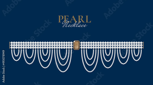 Bejeweled necklace of pearls on dark background. Jewellery concept. Decorative element for invitations, banners, cards. Vector illustration EPS10