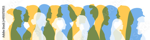 Silhouette group of Ukrainian women and man who talk and share ideas and information. Communication and friendship women or girls of diverse cultures. Ukraine people is strong and brave