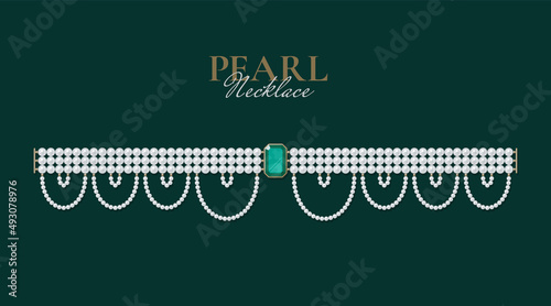 Bejeweled necklace of pearls on dark background. Jewellery concept. Decorative element for invitations, banners, cards. Vector illustration EPS10