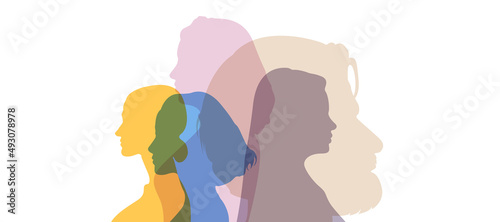 Silhouette group of multiethnic women and man who talk and share ideas and information. Communication and friendship women or girls of diverse cultures. Women social network community. Speak. Ukraine 