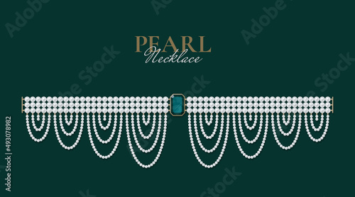 Bejeweled necklace of pearls on dark background. Jewellery concept. Decorative element for invitations, banners, cards. Vector illustration EPS10