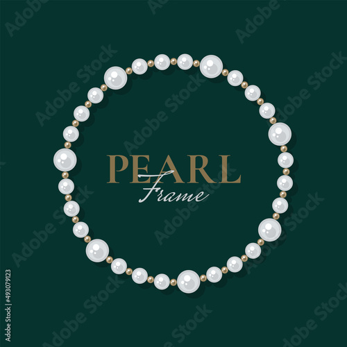 Round pearl frame on dark background. Bracelet of white pearls. Decorative element for wedding invitations, banners, cards. Vector illustration EPS10