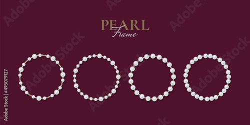 Round pearl frame on dark background. Bracelet of white pearls. Decorative element for wedding invitations, banners, cards. Vector illustration EPS10