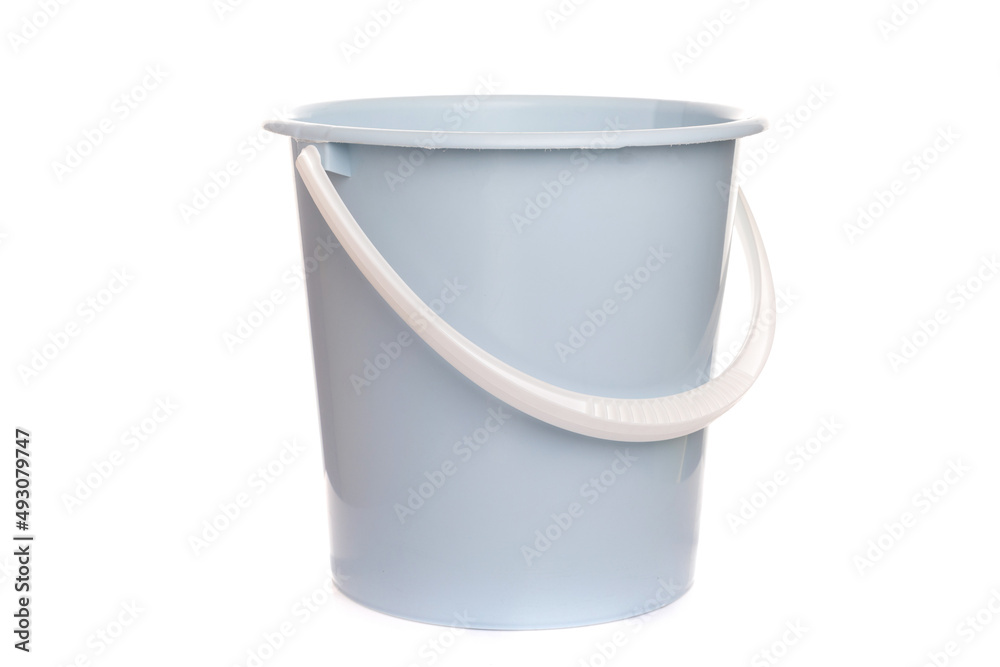 light blue plastic bucket with a white handle on a white background light blue plastic bucket with a white handle on a white background
