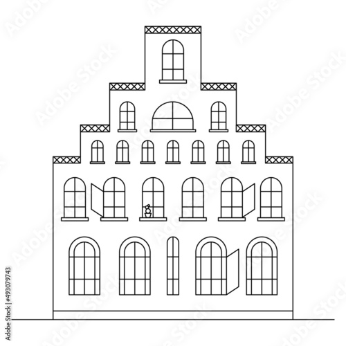 Line art vector neighborhood illustration with one house. 