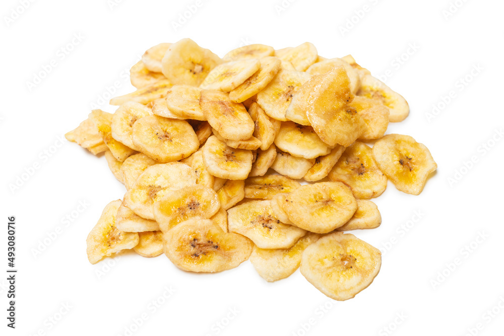 Banana chips isolated on a white background. Dehydrated banana.