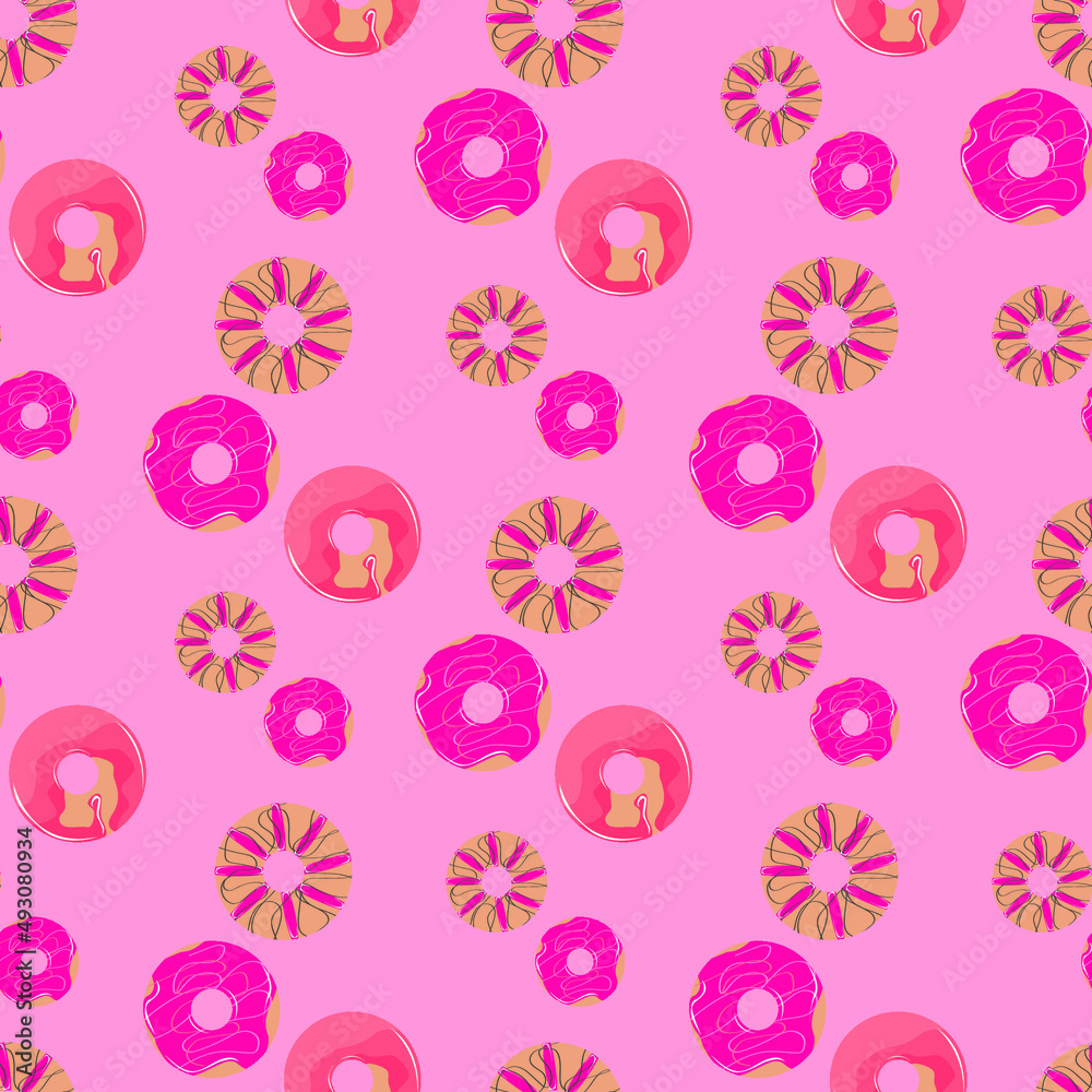 Seamless pattern with donuts. Bright beautiful donuts. Pink delicious donuts. Aesthetic donuts. Seamless pattern with donuts. Bright beautiful donuts. Pink delicious donuts. Aesthetic donuts.