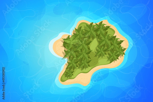 Tropical island top view, resort with palm trees, sand and waves in cartoon style isolated on white background. Summer aerial, landscape.