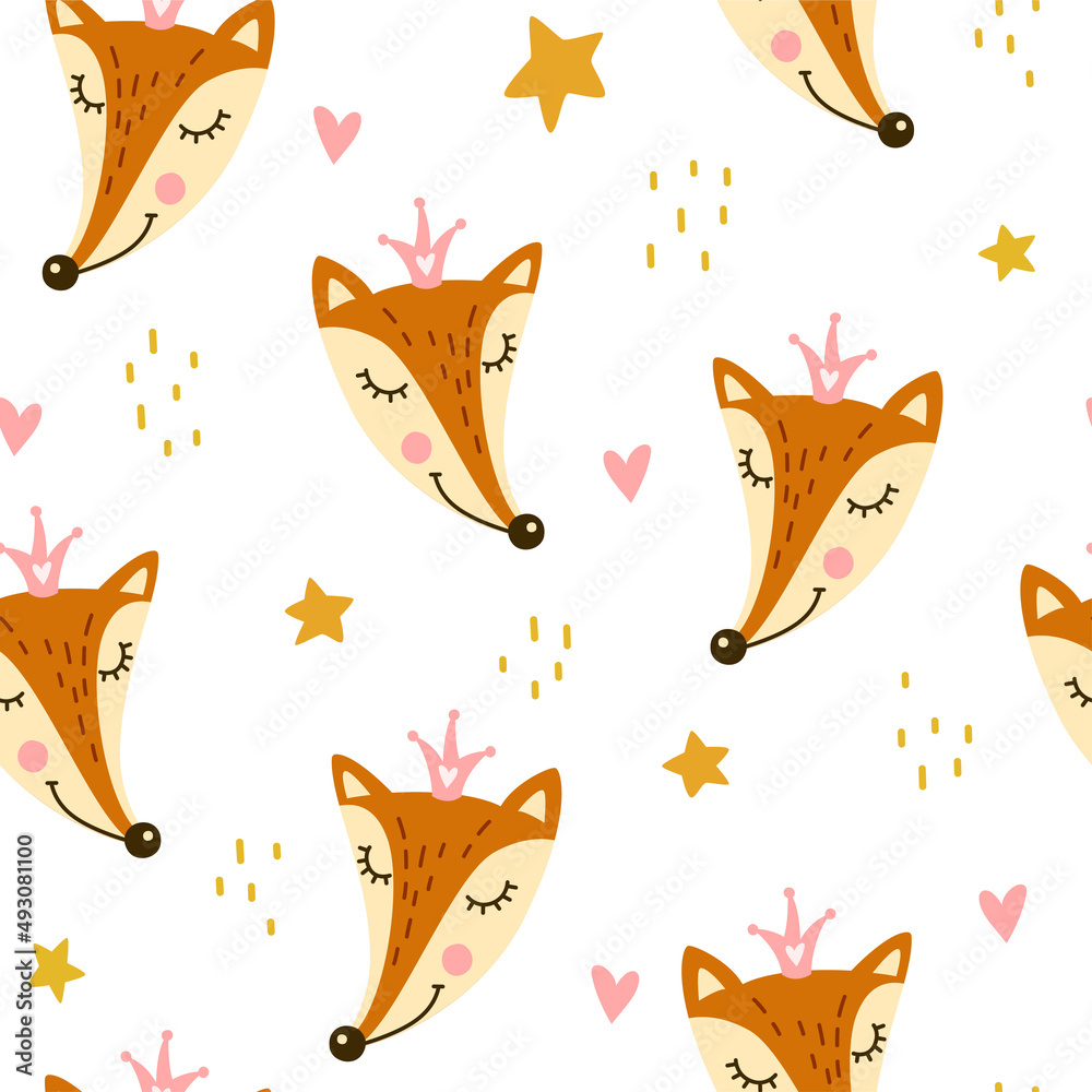 Fototapeta Seamless pattern with cute fox princess. Children's cartoon pattern.