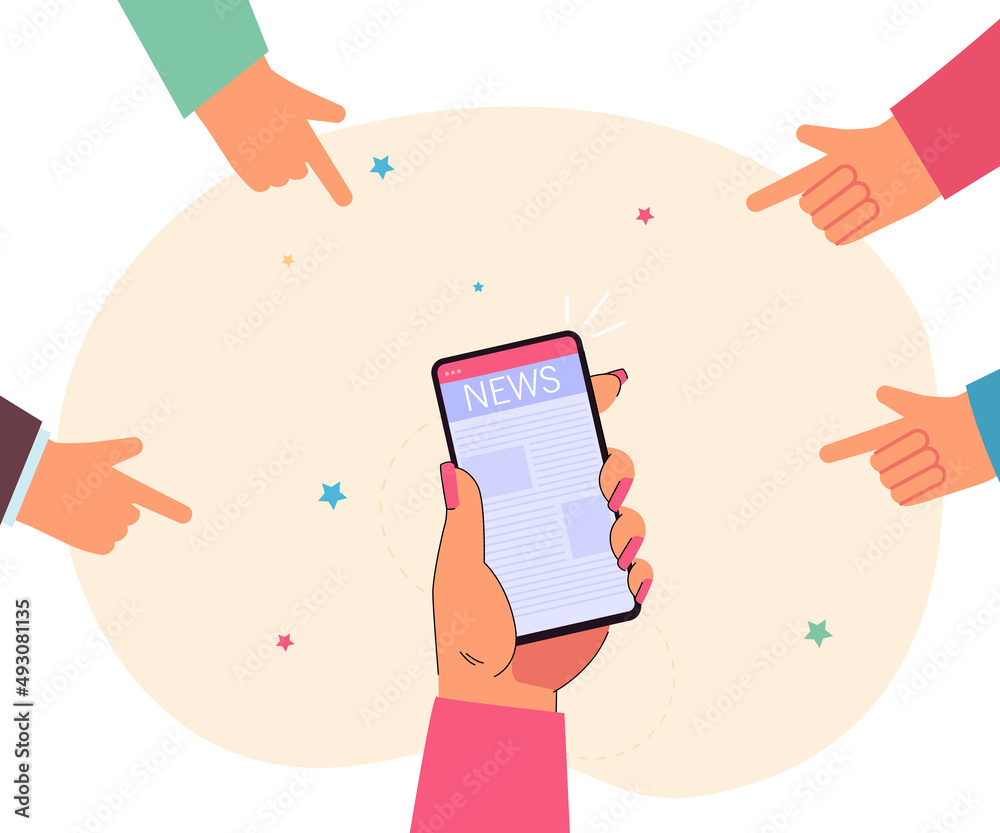 Hands of people pointing finger at mobile phone. Online latest news on screen of smartphone flat vector illustration. Information, article concept for banner, website design or landing web page Hands of people pointing finger at mobile phone. Online latest news on screen of smartphone flat vector illustration. Information, article concept for banner, website design or landing web page